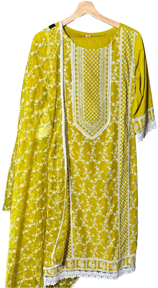 Yellow Cotton Suit with All Over Embroidery Organza Dupatta Elegant Designer Wear