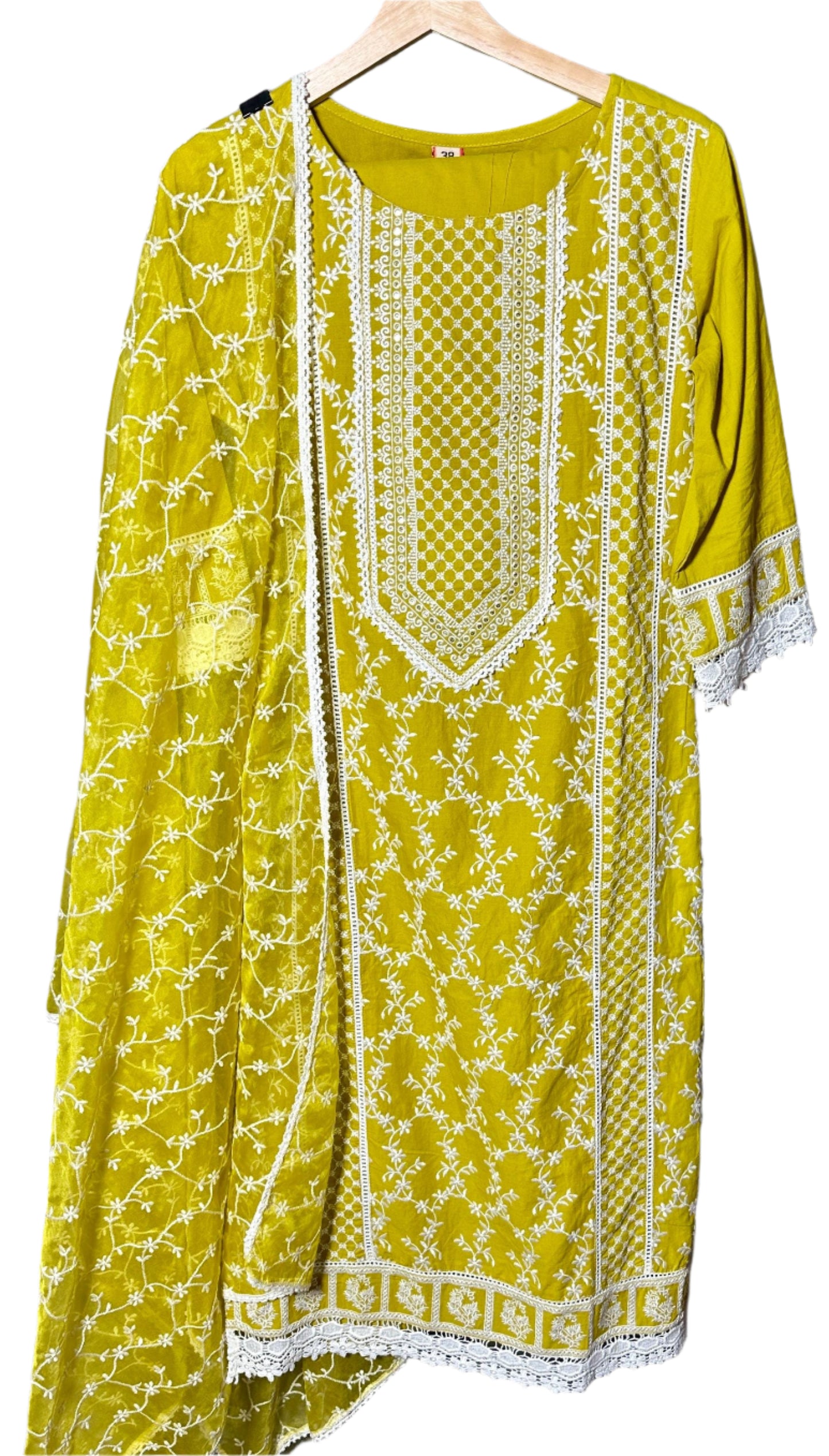 Yellow Cotton Suit with All Over Embroidery Organza Dupatta Elegant Designer Wear