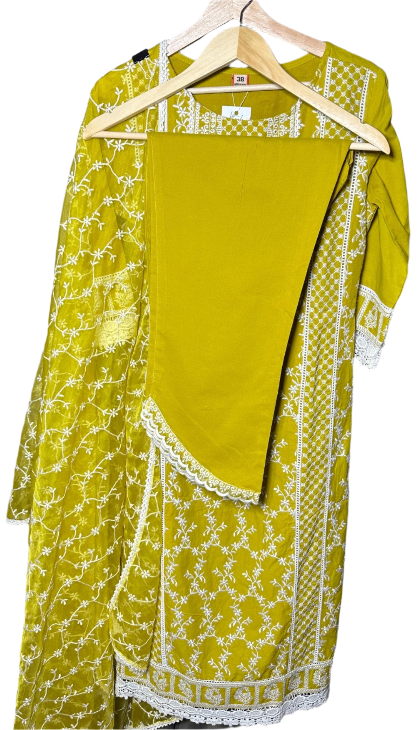 Yellow Cotton Suit with All Over Embroidery Organza Dupatta Elegant Designer Wear