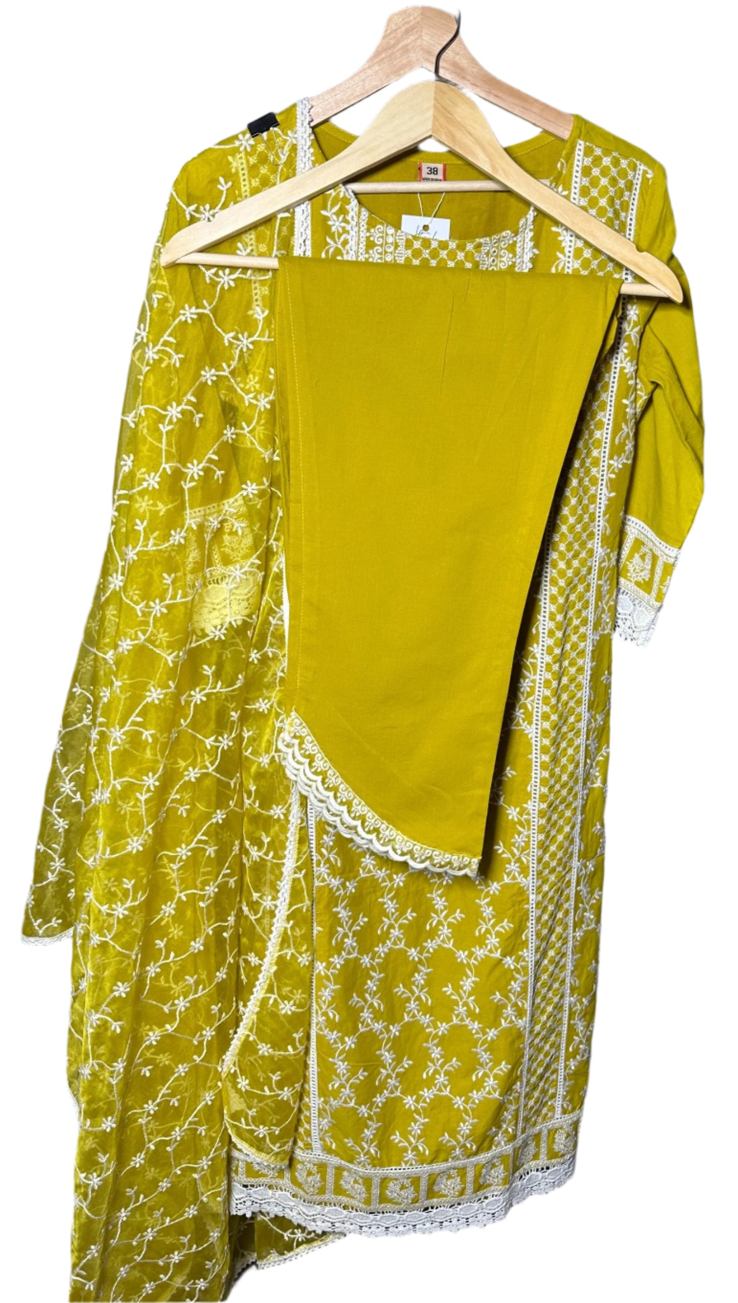 Yellow Cotton Suit with All Over Embroidery Organza Dupatta Elegant Designer Wear