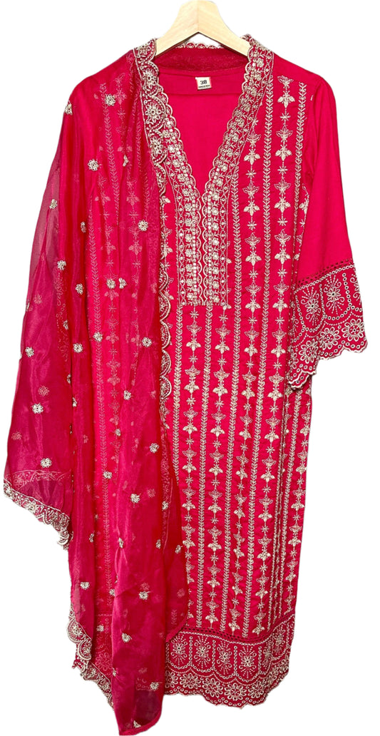 Hot Pink Suit with V Neck  All Over Embroidery Elegant Organza Dupatta  Designer Pants