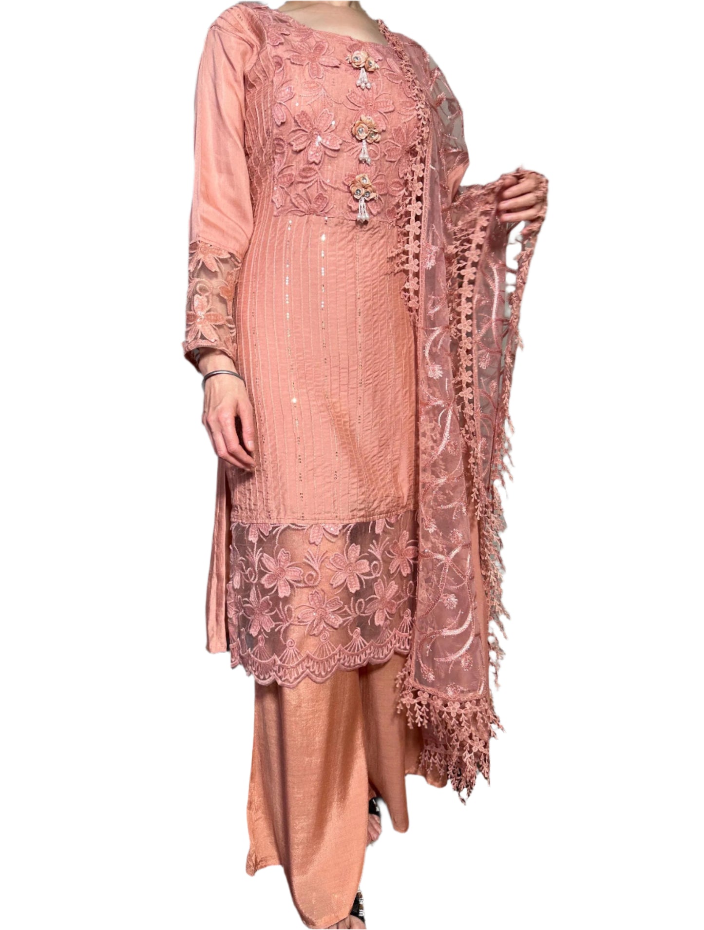 Peach Designer Suit with Palazzo  Floral Dupatta – Elegant party wear suit
