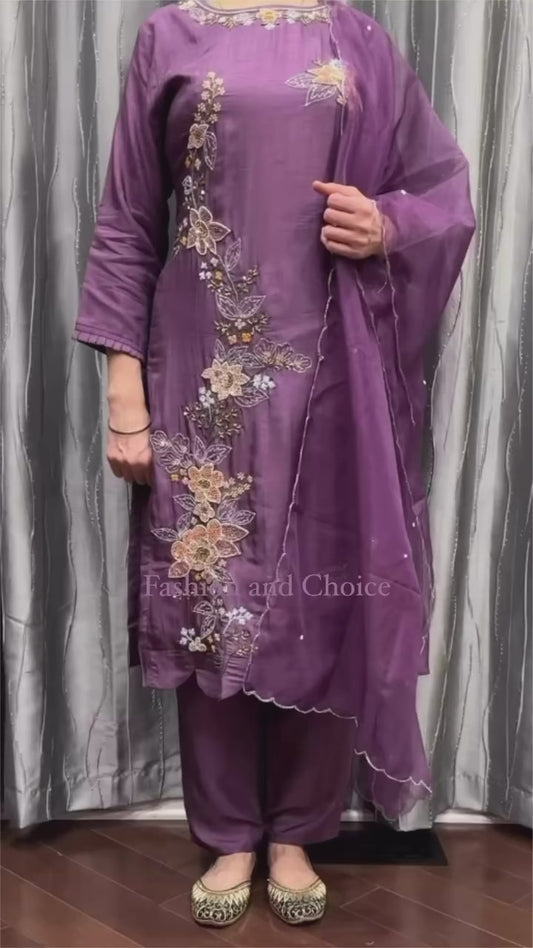 Royal Grace – Purple Dola Silk Suit with Organza Dupatta