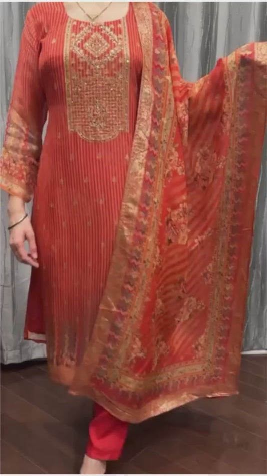 Sunset Glow – Orange Suit with Hand Embroidery and Jacquard Dupatta